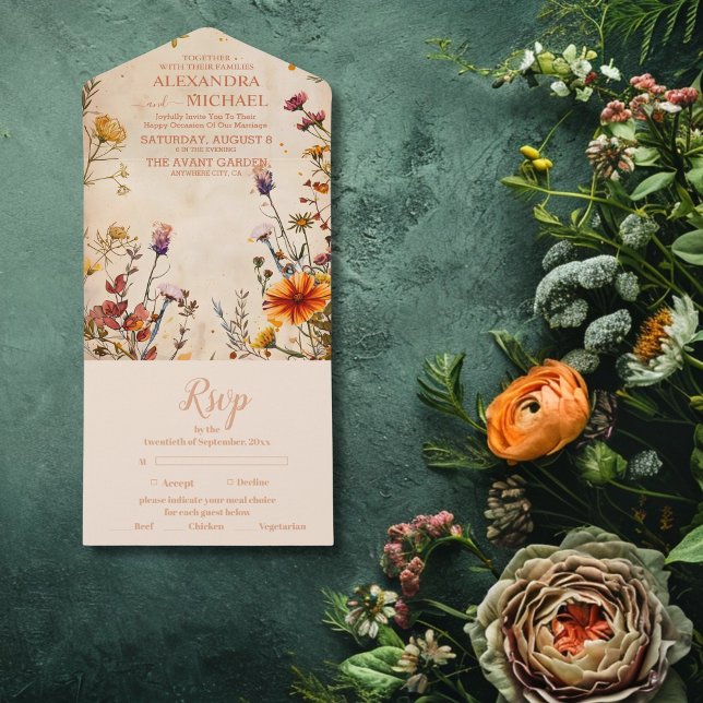 Invitation Tout En Un Fleur sauvage Terracotta Floral Aquarelle Mariage (Créateur téléchargé)