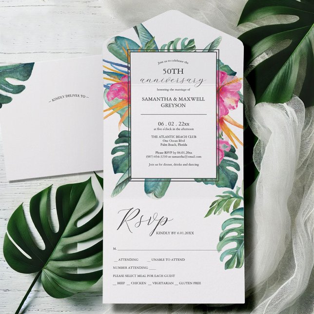 Invitation Tout En Un Fleur tropicale 50e anniversaire de Mariage (50th wedding anniversary invitations with rsvp watercolor tropical floral art Victoria Grigaliunas)