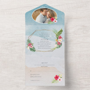 Invitation Tout En Un Fleur tropicale Photo mariage de plage
