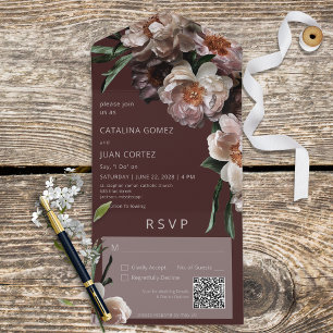 Invitation Tout En Un Fleurit foncé moderne Bourgogne Code QR