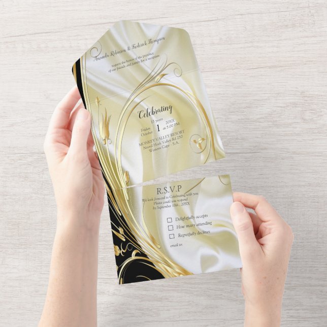 Invitation Tout En Un Fleurs Abstraites d'argent ou d'or sur - Silk & Ar (Déchirure)