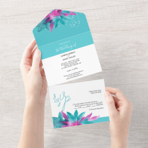 Invitation Tout En Un Fleurs Abstraites tropicales roses turquoise
