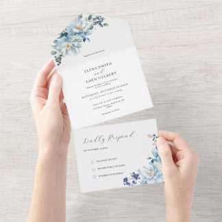 Invitation Tout En Un Fleurs aquarelles bleu poussiéreux
