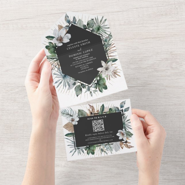 Invitation Tout En Un Fleurs blanches botaniques géométriques Mariage et (Déchirure)