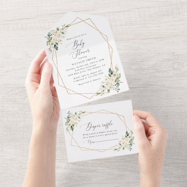 Invitation Tout En Un Fleurs blanches, Fleurs de crème, Boho, Baby showe (Déchirure)