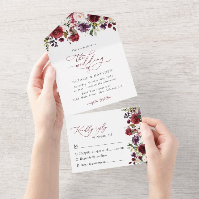 Invitation Tout En Un Fleurs Bourgogne, Fleurs roses, Verdure, Mariage (Déchirure)