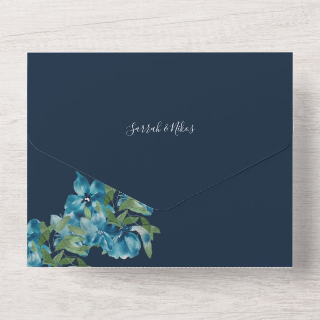 Invitation Tout En Un Fleurs d'Aquarelle Bleu Dusty Sur Marine (Verso)
