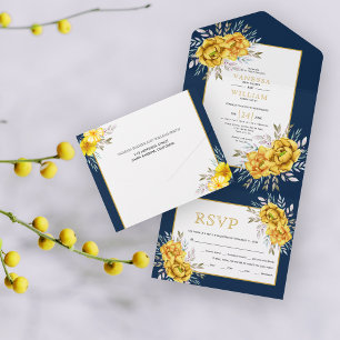 Invitation Tout En Un Fleurs d'aquarelle jaune et mariage de marine feui