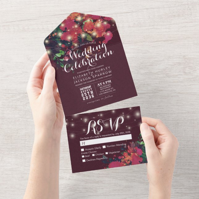 Invitation Tout En Un Fleurs d'aquarelle rouge Éclairage mariage RSVP (Déchirure)