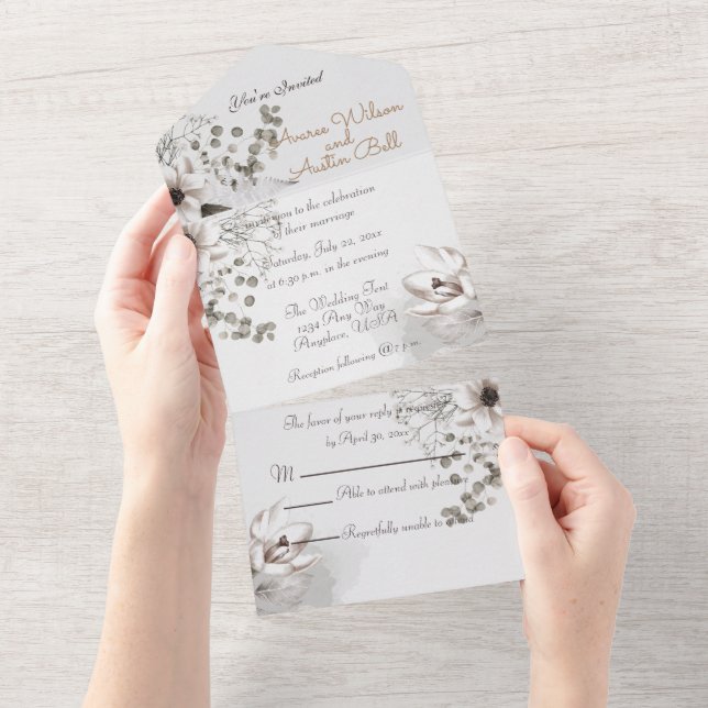 Invitation Tout En Un Fleurs d'aquarelle Sepia monochromes tout-en-un (Déchirure)