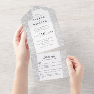 Invitation Tout En Un fleurs d'art blanc sur mariage gris clair