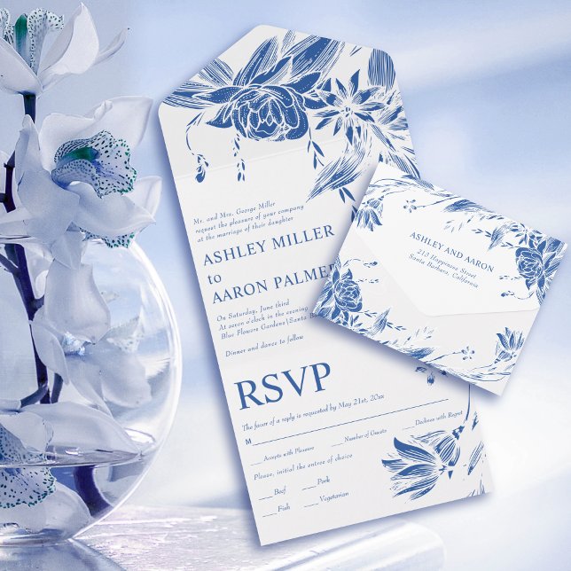 Invitation Tout En Un Fleurs d'art bleu et blanc mariage (Créateur téléchargé)