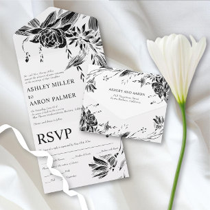 Invitation Tout En Un Fleurs d'art noir et blanc mariage