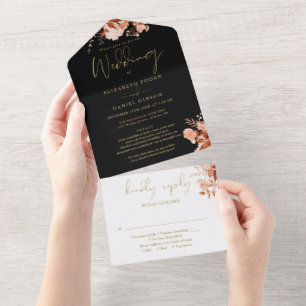 Invitation Tout En Un Fleurs d'automne Noirs et dorés Détails de réponse