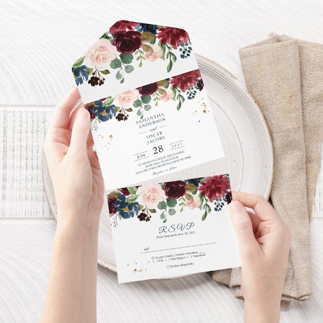 Invitation Tout En Un Fleurs de beauté bordeaux marine et rouge rustique (Créateur téléchargé)