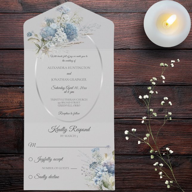 Invitation Tout En Un Fleurs de Bohême Bleue Glace sur Gris pâle (Also available with QR code. )