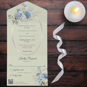 Invitation Tout En Un Fleurs de Bohême Bleue Glace sur Sage Green QR Cod