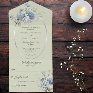 Invitation Tout En Un Fleurs de Bohême Bleue Glace sur Vert Sage