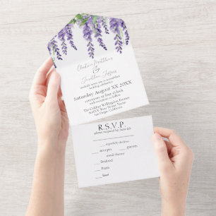 Invitation Tout En Un Fleurs de glycine violette sur fond blanc élégant