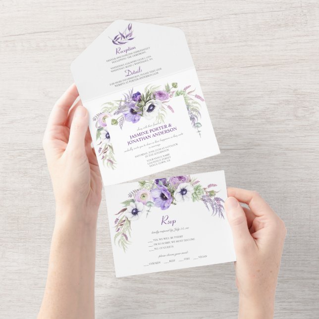 Invitation Tout En Un Fleurs de Lavande Pourpre & Anémones Blanches | (Déchirure)