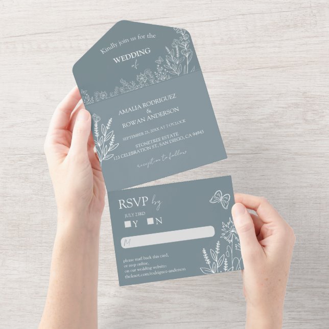 Invitation Tout En Un Fleurs de prairie Mariage gris bleu RSVP (Déchirure)
