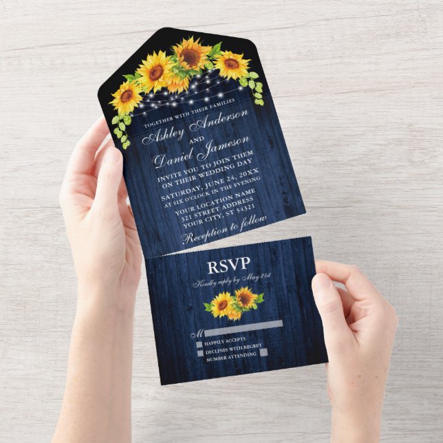 Invitation Tout En Un Fleurs de soleil en bois bleu rustique Mariage (Déchirure)