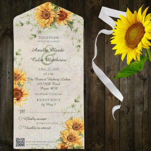 Invitation Tout En Un Fleurs de soleil et vignes d'aquarelle avec code Q