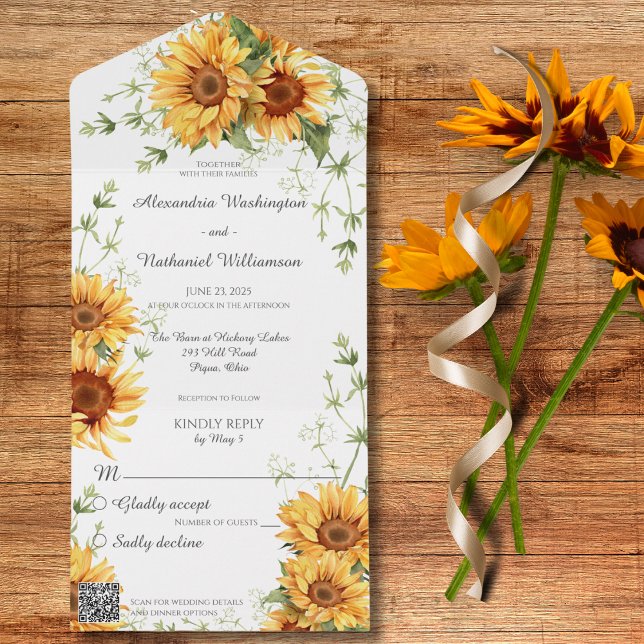 Invitation Tout En Un Fleurs de soleil sur blanc avec code QR (Créateur téléchargé)