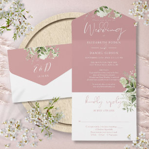 Invitation Tout En Un Fleurs de verdure Rose Poussiéreuse Détails RSVP M