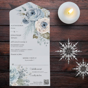 Invitation Tout En Un Fleurs d'hiver bleu glace sur code QR bleu pâle