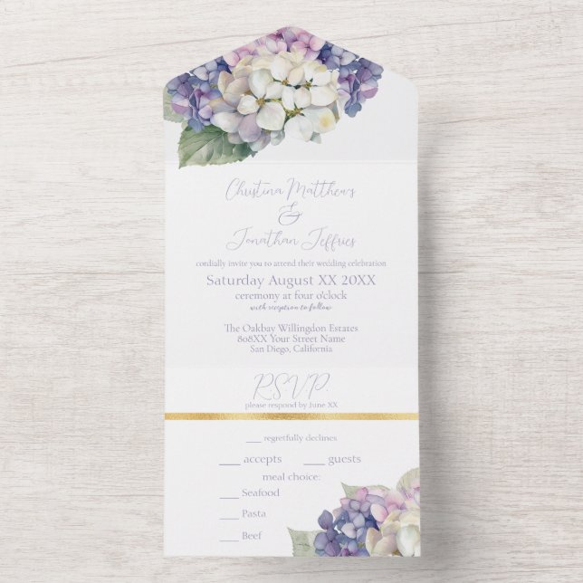 Invitation Tout En Un Fleurs d'hortensia violettes et blanches (À l'intérieur)