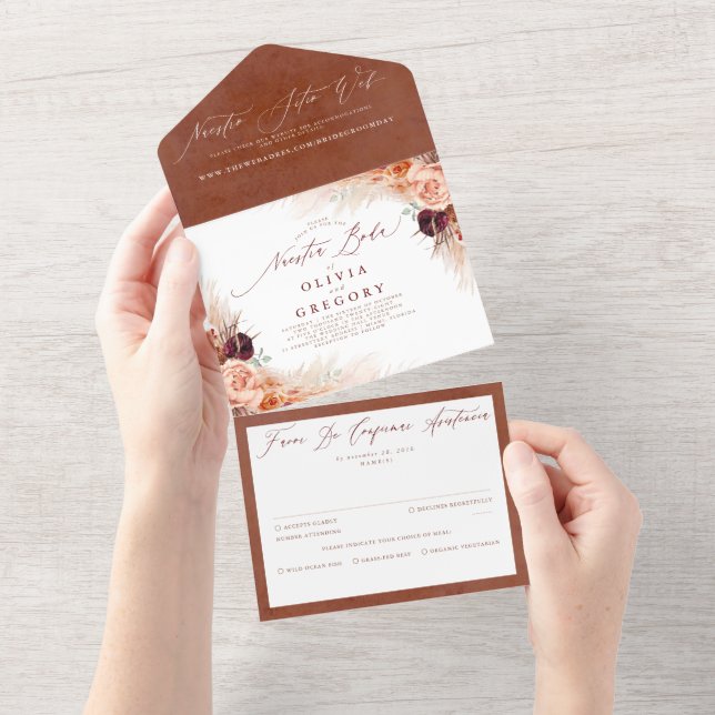 Invitation Tout En Un Fleurs en terre cuite Pampas Grass Mariage espagno (Déchirure)