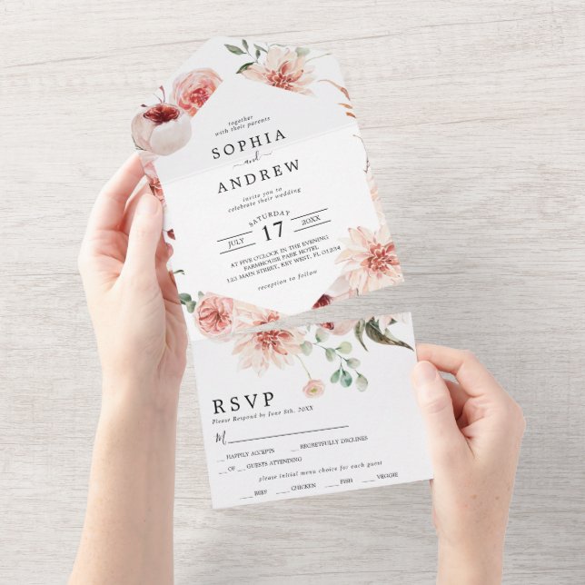 Invitation Tout En Un Fleurs et Eucalyptus Feuille Mariage (Déchirure)