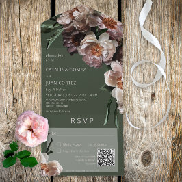 Invitation Tout En Un Fleurs foncées modernes Code QR vert