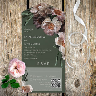 Invitation Tout En Un Fleurs foncées modernes Code QR vert
