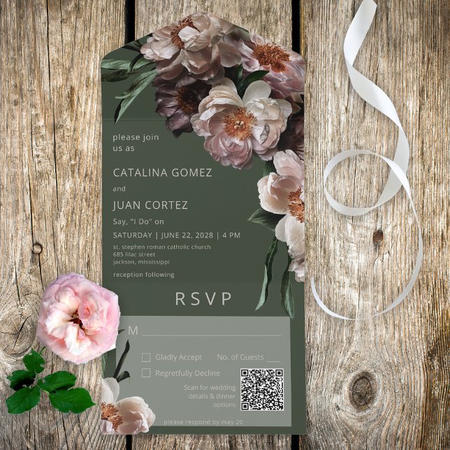 Invitation Tout En Un Fleurs foncées modernes Code QR vert (Also available without a QR code; with or without dinner selection options.)