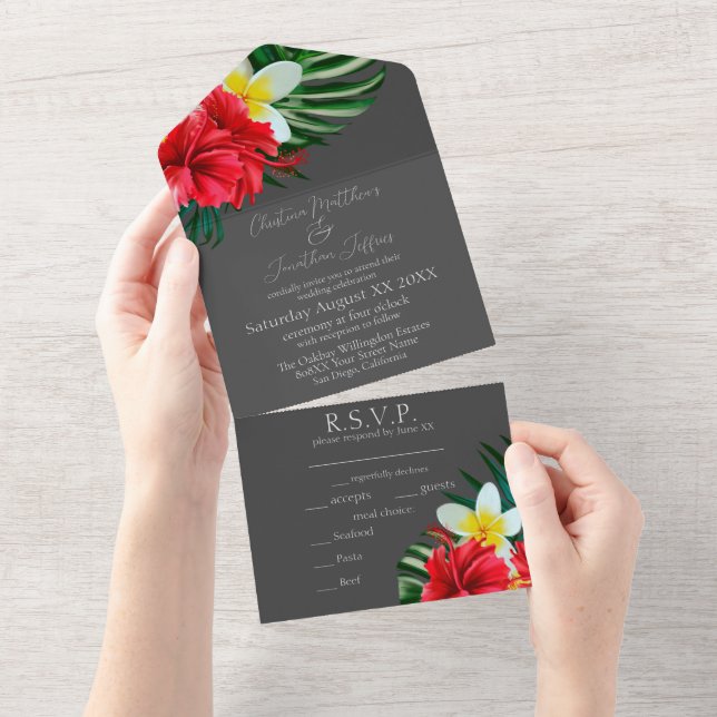 Invitation Tout En Un Fleurs hawaiiennes tropicales sur le Grau élégant (Déchirure)