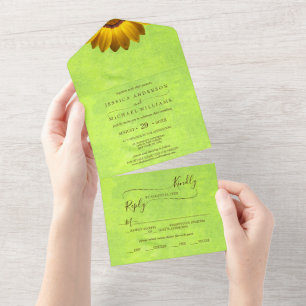Invitation Tout En Un Fleurs jaunes sur Mariage vert Abstrait