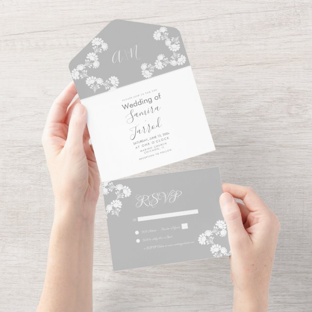 Invitation Tout En Un Fleurs Motif Gris Blanc Mariage  (Déchirure)