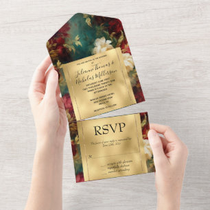 Invitation Tout En Un Fleurs romantiques rouges blanches vertes