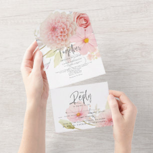 Invitation Tout En Un Fleurs rose saumon rustique