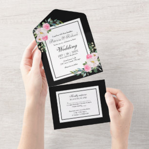Invitation Tout En Un Fleurs rose vif sur fond noir Élégant mariage