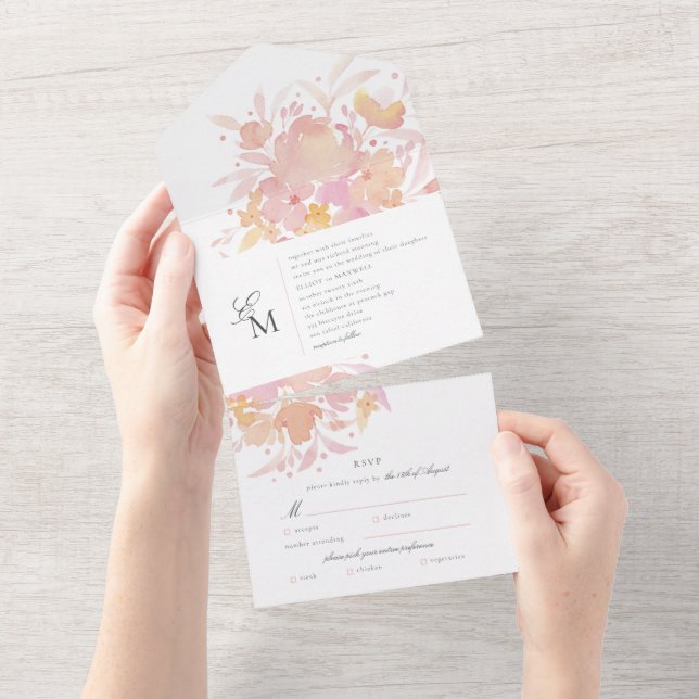 Invitation Tout En Un Fleurs roses Aquarelle Mariage Floral (Déchirure)