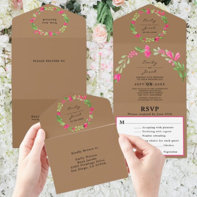 Invitation Tout En Un Fleurs roses de feuillage Brun clair Chic Mariage  (Créateur téléchargé)