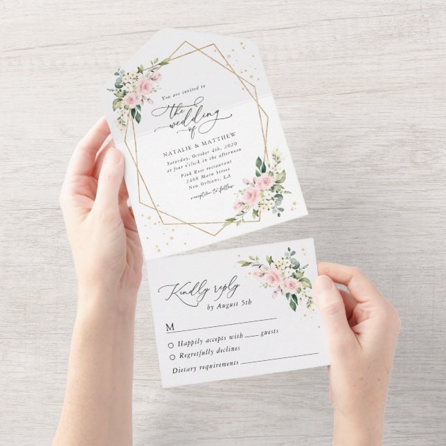 Invitation Tout En Un Fleurs roses, Fleurs blanches, Verdure, Mariage (Déchirure)