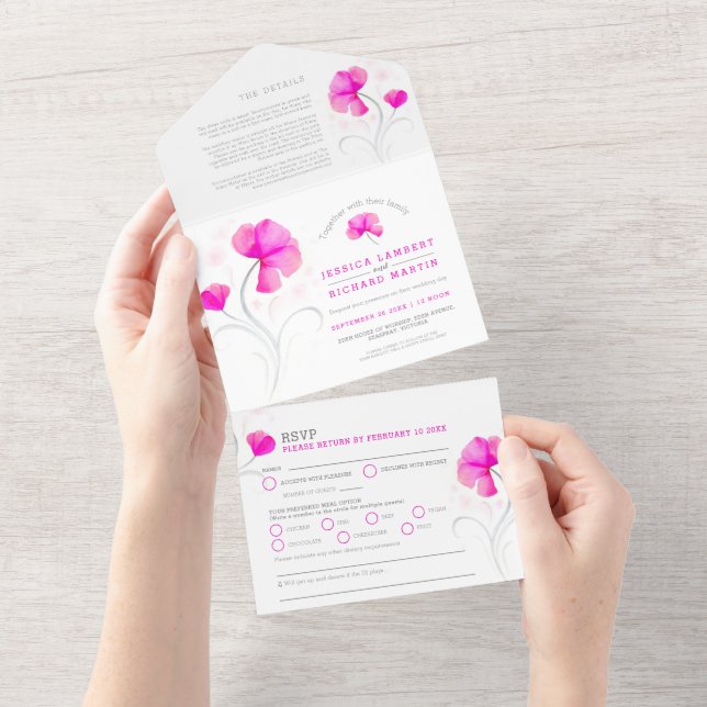 Invitation Tout En Un Fleurs roses tourbillon gris aquarelle mariage (Déchirure)