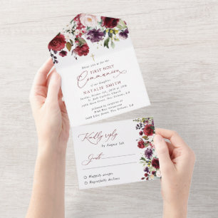 Invitation Tout En Un Fleurs rouges, fleurs roses, première communion