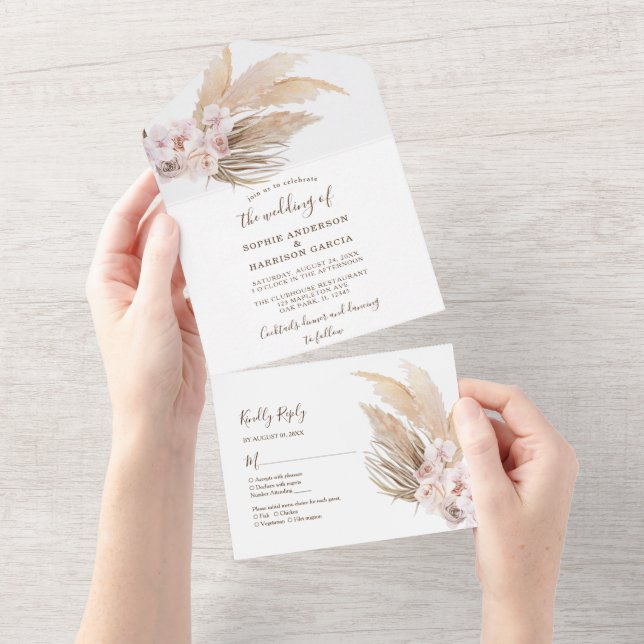 Invitation Tout En Un Fleurs rousses Désert Boho Pampas Mariage en herbe (Déchirure)