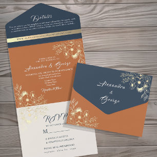 Invitation Tout En Un Fleurs sauvages Bohème Mariage Orange Brûlé