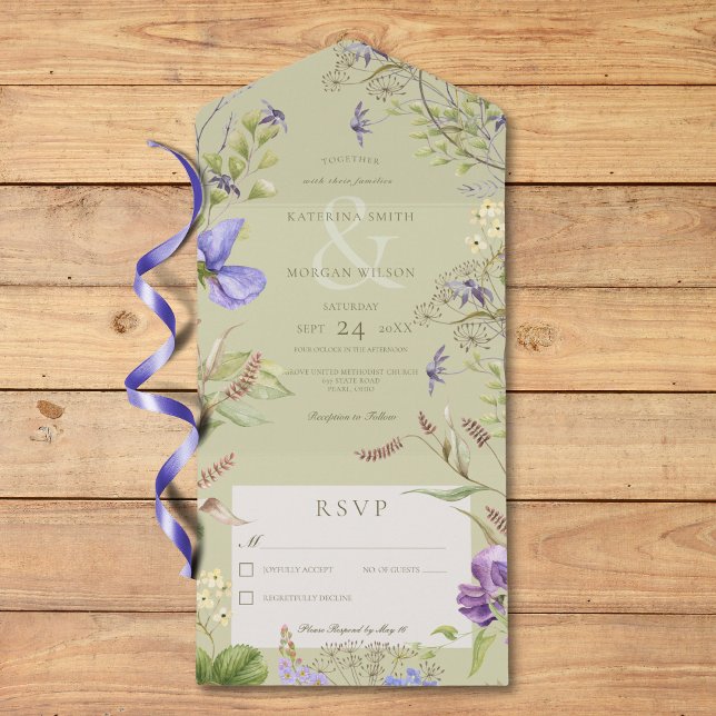 Invitation Tout En Un Fleurs sauvages de Lavande Rustique Sage No Dinner (Rustic Lavender Wildflowers Sage No Dinner All In One Invitation)